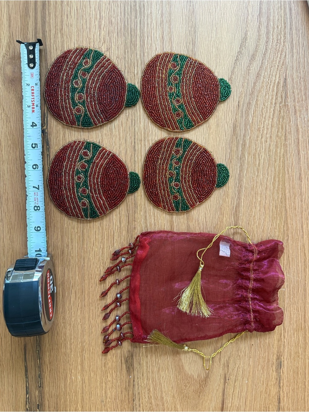 VintageChristmas Beaded Round Coasters with Matching Organza Pouch - BEAUTIFUL